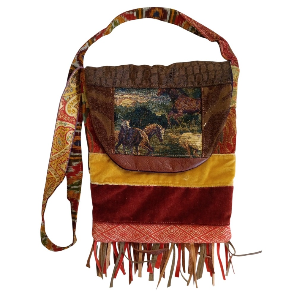Handmade Boho‎ Patchwork Horse Tapestry Crossbody Bag Fringe Western Mixed Media